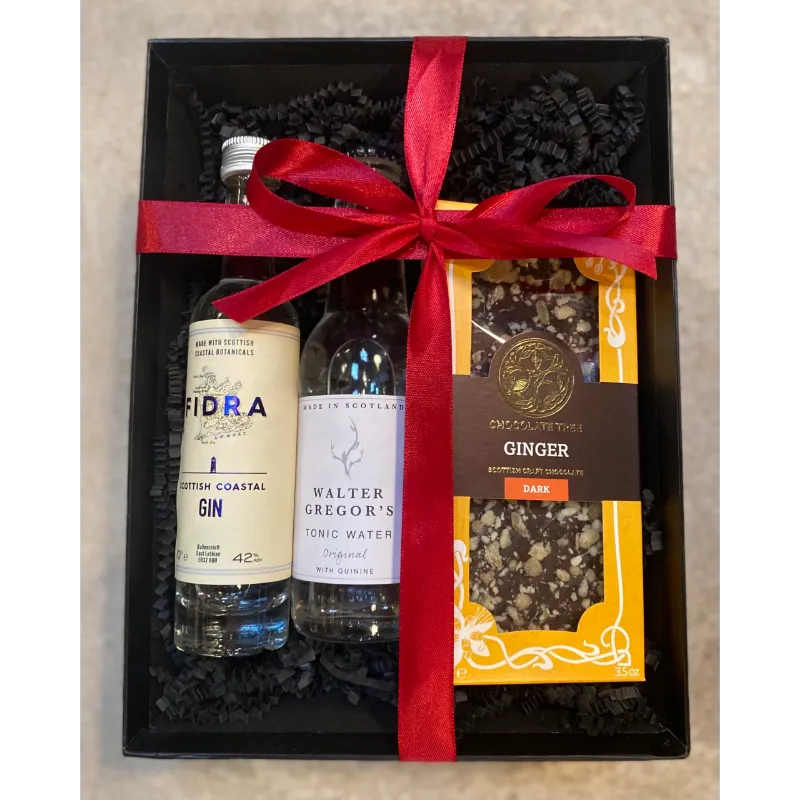 Hamper with gin and tonic and Chocolate Tree Chocolate with red ribbon