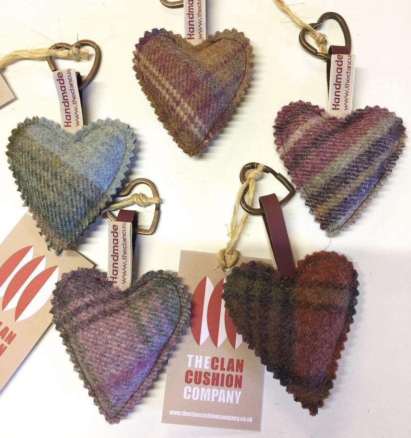 Tweed fabric love heart key rings